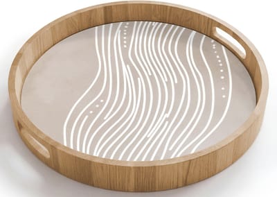 Dienblad rond 40x40 cm - Schootdienblad hout - Golvende lijnen - Vloeiend - Zandkleurig - Borrelplank rechthoek - Plateau houten dienbladen