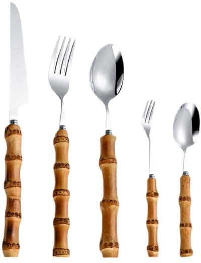 Speciaal bamboe handvat keuken roestvrij staal zilver bestek servies bestek mes vork lepel set huishoudelijk steakmes dessertlepel (zilver, 5 stuks)