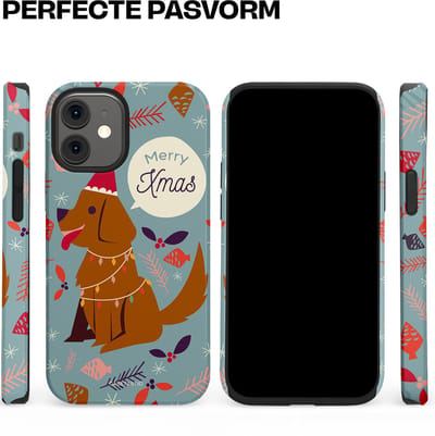 Casetastic hoesje geschikt voor Apple iPhone 12 Mini - Dubbellaagse bescherming - Merry Christmas Hond - Fashion Case - Zilver Bruin Saliegroen Rood