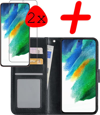 Hoesje Met 2x Screenprotector - Geschikt voor Samsung Galaxy S21 FE - Luxe Pasjeshouder - Bookcase Portemonee - Flip Case - Kunstleer Book Case - Flipcase Hoes - Book Cover - Walletcase - Portemonneehoes - Zwart