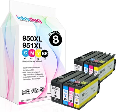 Inktdag inktcartridge voor HP 950XL / HP 951XL multipack, HP 950/ HP 951, hp 950xl 951xl inktcartridge 8 packmultipack geschikt voor HP OfficeJet PRO 8100, 8600, 8600 Plus, 8610, 8615, 8620, 8630, 8640, 8660 (Mét chip)