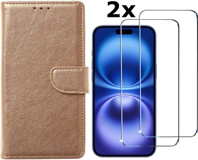 Hoesje Geschikt voor iPhone 16 hoesje bookcase met 2 stuks screenprotectors – Goud