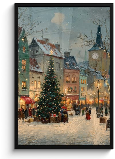 Poster in lijst - Fotolijst 60x90 cm - Posters - Kerstsfeer - Stadsplein - Kleurrijk - Posterlijst zwart - Decoratie - Wanddecoratie woonkamer - Muurdecoratie slaapkamer - Kerstversiering - Kerstdecoratie voor binnen - Kerstmis