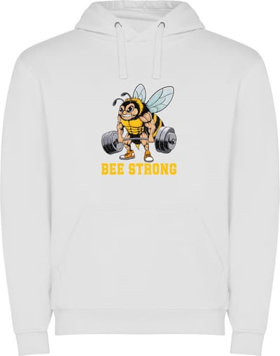 Witte unisex hoodie met “ Kleurrijke Bee Strong – Bodybuilden – Dumbell - Sport – Humor – Zet Door – Niet opgeven “ Print Full Color merk Roly maat XL