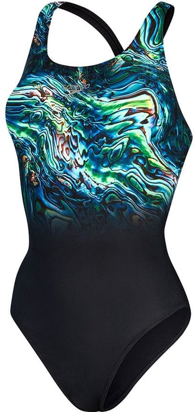 Speedo Womens Placement Digital Powerback Black/Green Glow/Marine Blue