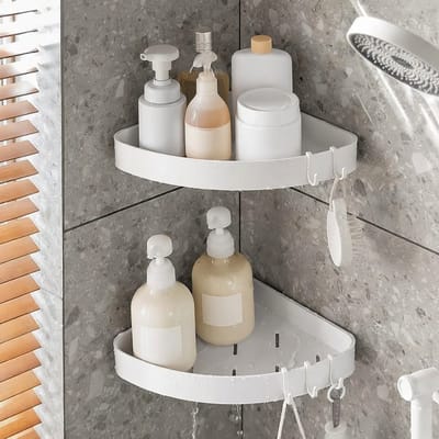 Famanu – Hoek doucheplank set van 2, boorvrij douchehoekrek met 4 haken, wit, voor badkamer en keuken