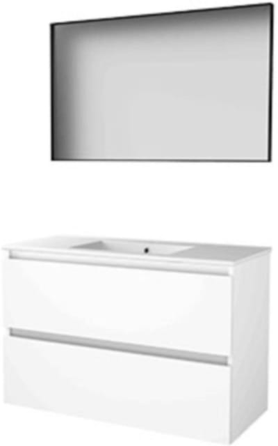 Basic-Line Framed 46 Badkamermeubelset - 100 x 46 cm - Greeploos - 2 Lades - Keramische Wastafel - 1 Kraangat - Spiegel met Zwart Aluminium Frame - Ice White