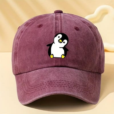 Retro Gewassen Pinguïn Cartoon Print Baseballpet Geschikt Voor Mannen En Vrouwen, Geschikt Voor Avontuurlijk Kamperen En Feestjes Adjustable black