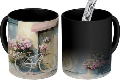 Magische Mok - Foto op Warmte Mokken - Koffiemok - Fiets - Pastelkleuren - Bloemen - Magic Mok - Beker - 350 ML - Theemok
