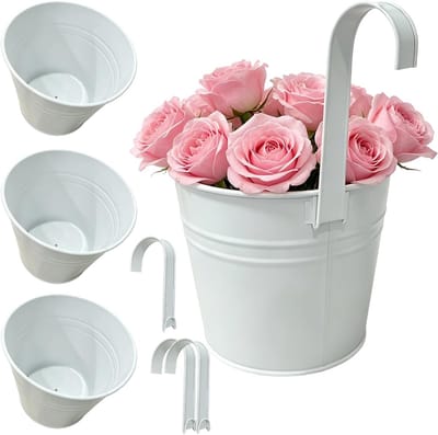 Set van 4 hangmanden, bloempot, diameter 16 cm, hoogte 26 cm, met afneembare handgreep, verzinkt ijzer met afvoergat, stabiel en duurzaam, kleurrijke kleurkeuze, model-03