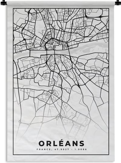 Wandkleed - Wanddoek - Frankrijk - Kaart - Orléans - Plattegrond - Stadskaart - Zwart wit - 120x180 cm - Wandtapijt