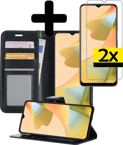Hoesje - Met 2x Screenprotector - Geschikt voor OPPO A16 - Luxe Pasjeshouder - Bookcase Portemonee - Flip Case - Kunstleer Book Case - Flipcase Hoes - Book Cover - Walletcase - Portemonneehoes - Telefoonhoesjes - Zwart