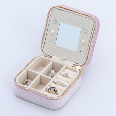 TRIXES Reiskosmetiekoffer - Roze Velours Sieraden Organizer met Spiegel voor Vrouwen