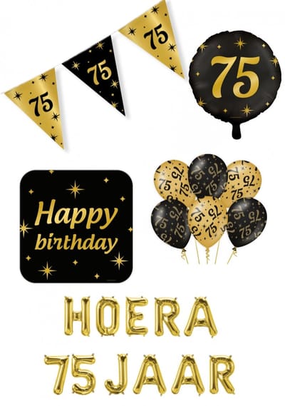 75 jaar Classy Party decoration pakket – luxe glamour goud zwart ballonnen – folieballonnen – vlaggenlijn
