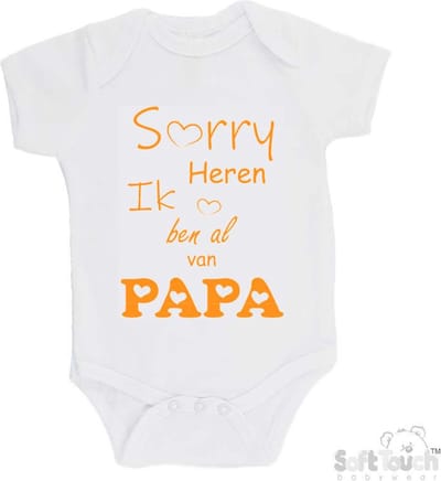 100% katoenen Romper "Sorry heren Ik ben al van PAPA" Unisex Katoen Wit/mosterd Maat 62/68
