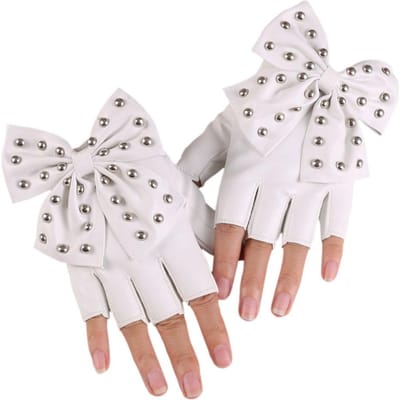 Nouveaux Gants Rivets Nœuds pour Femmes Gants de Performance Mi-Doigts Gants de Danse Nightclub Scène one size white