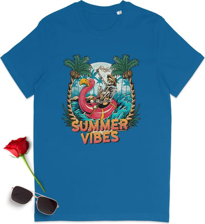 Grappig zomer t shirt - Summer Vibes - Leuk zomer tshirt vrouwen en mannen - Zomer t-shirt heren dames - Unisex maten: S M L XL XXL XXXL - t-Shirt kleuren: wit, zwart, oranje en blauw.