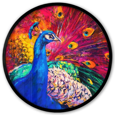 Poster in lijst Rond - Fotolijst 40x40 cm - Posters - Schilderij - Vogel - Pauw - Olieverf - Ronde posterlijst zwart - Decoratie - Wanddecoratie woonkamer - Muurdecoratie slaapkamer