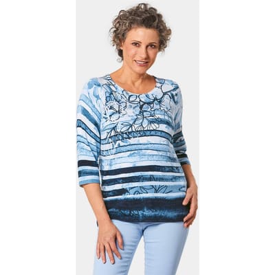 Ongecompliceerde gedessineerde pullover met glanzende siersteentjes - blauw / gedess. - Gr. 38 van Goldner Fashion