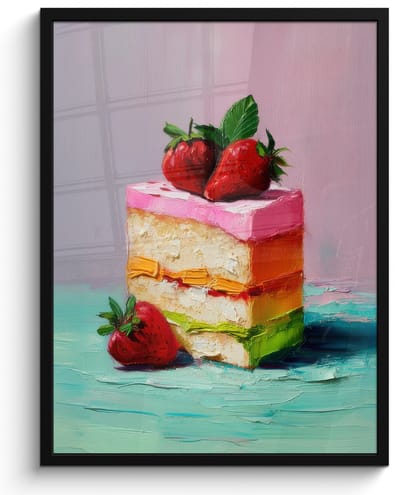 Poster in lijst - Fotolijst 60x80 cm - Posters - Taartje - Aardbeien - Glazuur - Kleurrijk - Posterlijst zwart - Decoratie - Wanddecoratie woonkamer - Muurdecoratie slaapkamer