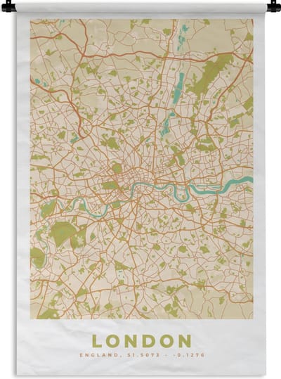 Wandkleed - Wanddoek - Londen - Stadskaart - Plattegrond - Vintage - Kaart - 120x180 cm - Wandtapijt