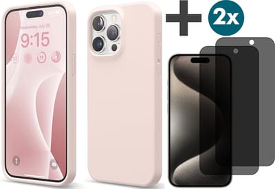 Hoesje met Privacy Screenprotectors 2 Stuks Geschikt voor iPhone 15 Pro Hoesje Siliconen - liquid case - Arara Backcover - Zand