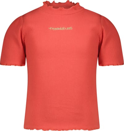 Moodstreet Ribknit Top With Embroidery Tops & T-shirts Meisjes - Shirt - Roze - Maat 146/152