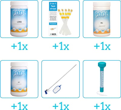 Zwembad Onderhoudspakket - Onderhoud Zwembad - bevat Chloor - Testrips - PH-min - PH-plus - Schoonmaakset en Thermometer (6-delig)