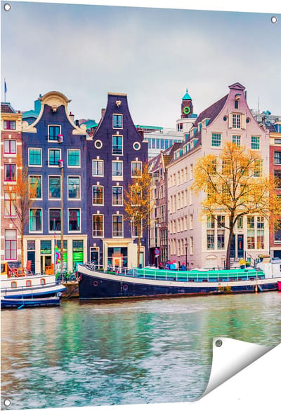 Gards Tuinposter Amsterdamse Huisjes vanaf de Gracht - 80x100 cm - Tuindoek - Tuindecoratie - Wanddecoratie buiten - Tuinschilderij