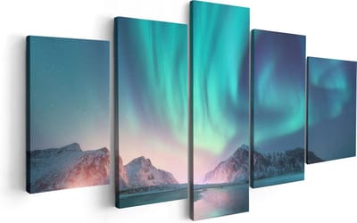 Artaza Canvas Schilderij Vijfluik Groene Noorderlicht in Noorwegen - 100x50 - Foto Op Canvas - Canvas Print
