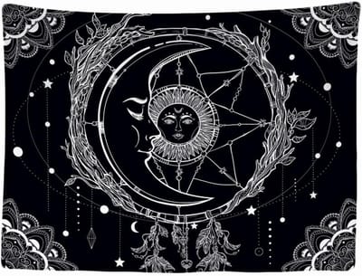 Ulticool - Zon Maan Mandala Zwart Wit Tarot Kaarten - Wandkleed - 200x150 cm - Groot wandtapijt - Poster - Decoratie Versiering
