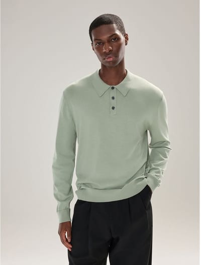 Next - Heren - Normale Pasvorm - Katoenrijk gebreid poloshirt met lange mouwen - Groen