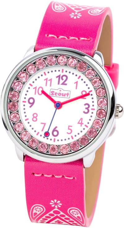 Scout Kinderuhr analog aus der Serie "The Darling Collection" mit pinkem Kunstlederband, Mandala-Motiv und Glitzersteinen