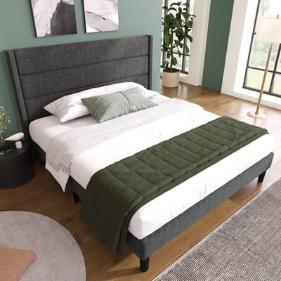 MODENUIT Gestoffeerd bed 140x200 cm – Bedframe met lattenbodem – Hoofdbord met 3 panelen – Zonder matras – Linnen – Donkergrijs