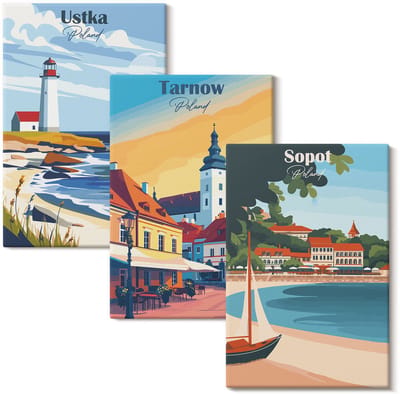 Wallfluent Set van canvas schilderijen - Uitzicht op de Poolse steden Ustka Tarnów Sopot Canvas Schilderijen Set - set 3 stuks 20x30 cm - Veelkleurig Set van Canvas Prints - Steden Canvas Kunst Set - Boheemse Canvas Kunst Set