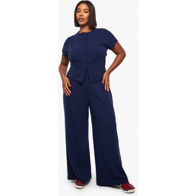 boohoo Dames Plus Gekreukelde Rib Top met Capmouwen met Knoopdoorloop en Broekset | Marineblauw | Maat: 44