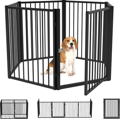 PawHut puppyrent - staal - 76 cm hoog - 6-delig - met deur - zwart
