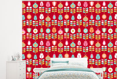 Behang - Fotobehang Patronen - Bloemen - Retro - Rood - Breedte 300 cm x hoogte 240 cm