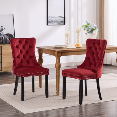 Pugsdrly Klassieke eetkamerstoelen van fluweel, moderne eetkamerstoel van hoogwaardig fluweel met gestoffeerde rugleuning, houten poten en spijkerstof, set van 2, bordeauxrood, wijnrood, DE2001WR