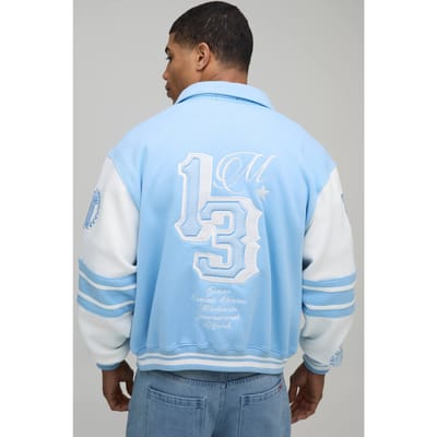 Boxy 13 Applique Jersey Varsity Bomber Jacket | Light Blue | Size XS