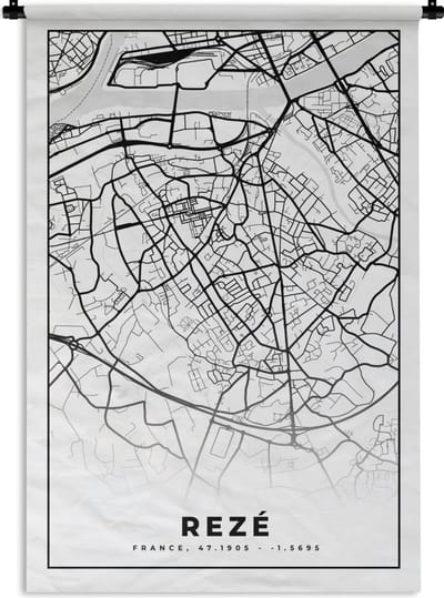 Wandkleed - Wanddoek - Rezé - Stadskaart - Plattegrond - Kaart - Frankrijk - Zwart wit - 120x180 cm - Wandtapijt