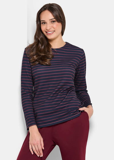 Onderhoudsarm gestreept shirt met ronde hals - bordeaux / marine / gestr. - Gr. 38 van Goldner Fashion