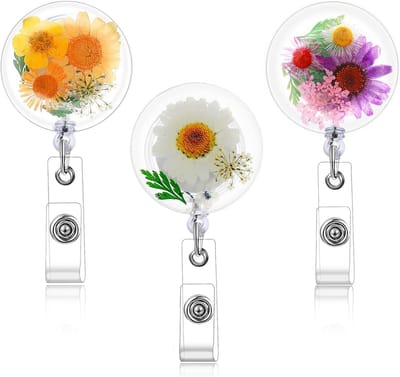 Retractable Dried Flower Badge Reel - 3 Pcs Aesthetic ID Card Badge Holder - Rolls Resin Flowers Badge Clip - Cute ID Name Card Holders voor Nurse Doctor Teacher