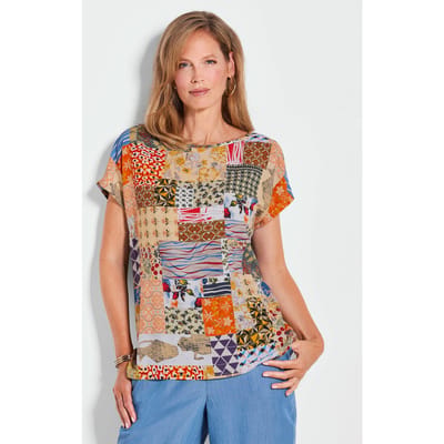 Gedessineerde blouse met patchprint - geel / gedess. - Gr. 19 van Goldner Fashion
