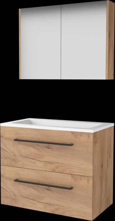Basic Comfort 46 badmeubelset met spiegelkast, wastafelonderkast met grepen, 2 lades en acryl wastafel zonder kraangaten 80 x 46 cm, whisky oak