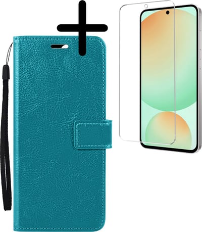 Hoesje Met Screenprotector - Geschikt voor Samsung Galaxy S24 FE - Luxe Pasjeshouder - Bookcase Portemonee - Flip Case - Kunstleer Book Case - Flipcase - Book Cover - Walletcase - Portemonneehoes - Turquoise