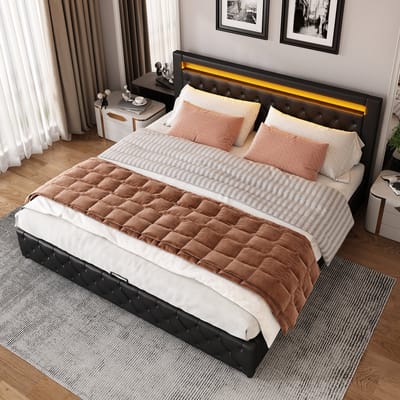 Sweiko Gestoffeerd bed 160 x 200 cm, functioneel bed met lattenbod en opbergruimte, met LED verlichting, met opbergfunctie, zwart, PU