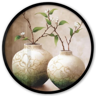 Poster in lijst Rond - Fotolijst 40x40 cm - Posters - Bloemen - Vaas - Wit - Botanisch - Beige - Ronde posterlijst zwart - Decoratie - Wanddecoratie woonkamer - Muurdecoratie slaapkamer