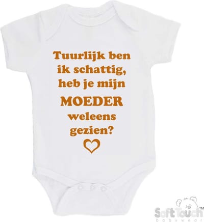 100% katoenen Romper "Tuurlijk ben ik schattig, heb je mijn moeder weleens gezien?" Unisex Katoen Wit/tan Maat 56/62