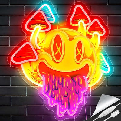 Daity Neonlicht in de vorm van een paddenstoel in de vorm van een smiley - unieke paddenstoeldecoratie - esthetische kamerdecoratie - psychedelisch paddenstoellicht - geschikt voor Halloweenfeesten - bars - speelkamers en mannenholen.